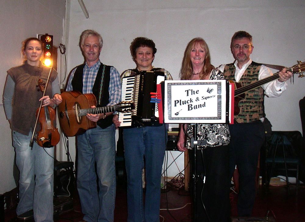 Kate, Peter, Lorna, Pat and Jeremy - the Pluck & Squeeze Band.